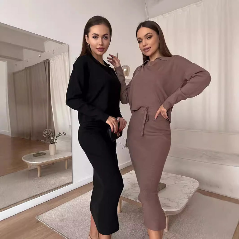 Chic Elegant Soft Knit Sweater with Skirt Set