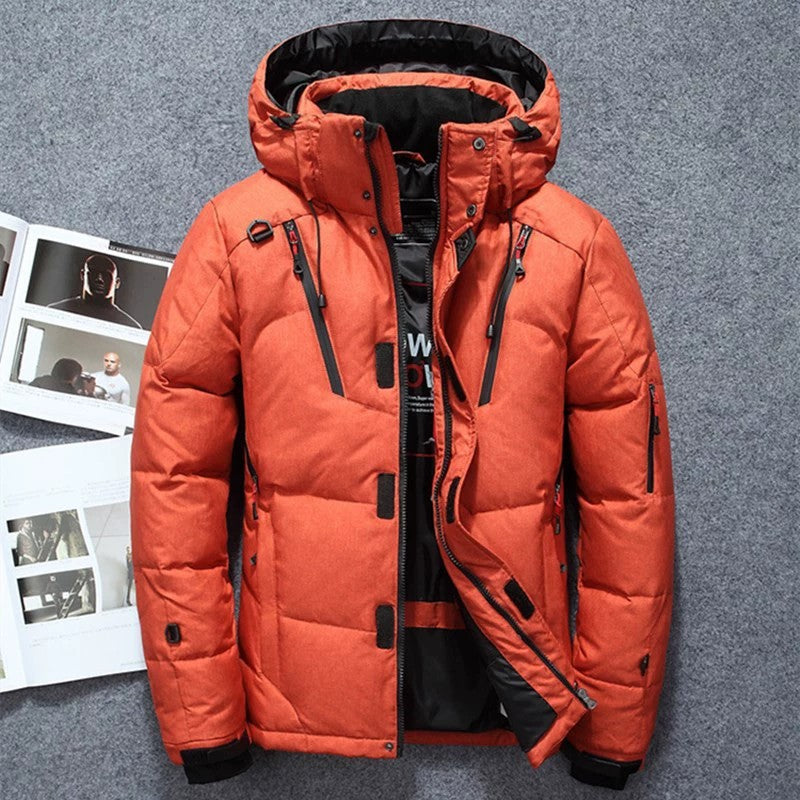 Men's High Quality Winter Warm Down Jacket, Men's Orange winter puffer jacket with black accents on a gray background