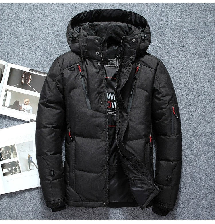 Men's High Quality Winter Warm Down Jacket, Black winter puffer jacket with red accents.