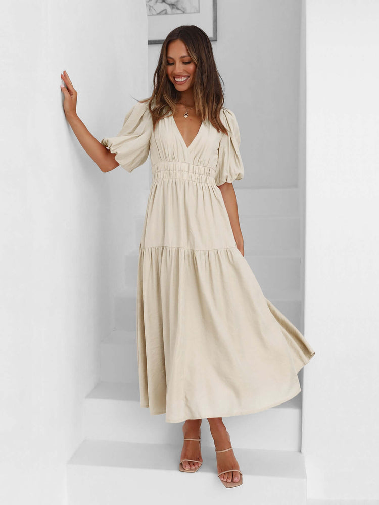 Women's V Neckline Puffed Sleeves Dress