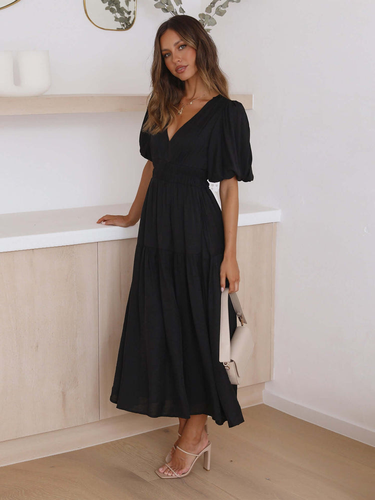 Women's V Neckline Puffed Sleeves Dress
