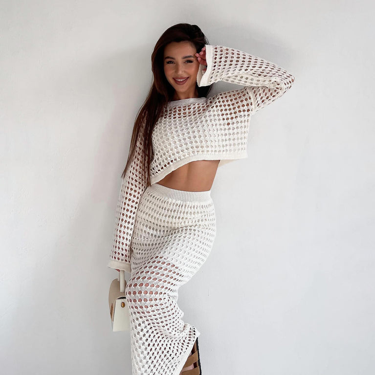 Elegantes zweiteiliges Set aus gestricktem Rock mit Lochmuster