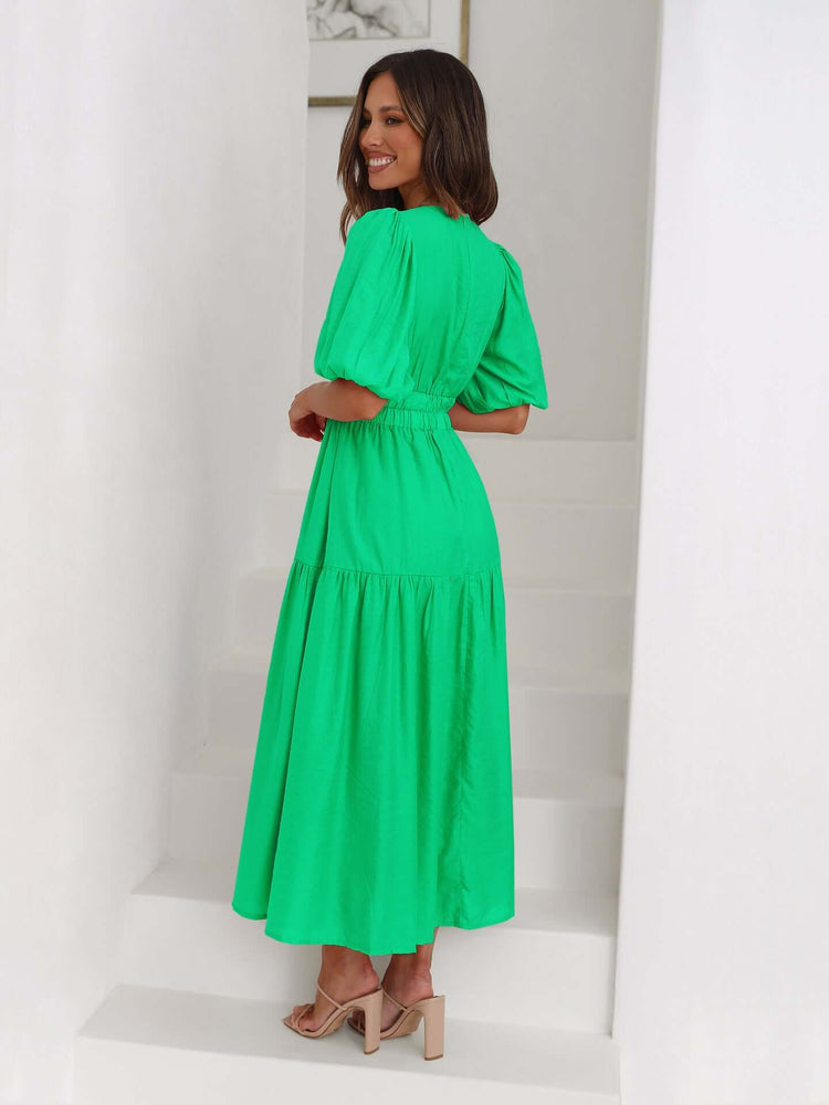 Women's V Neckline Puffed Sleeves Dress