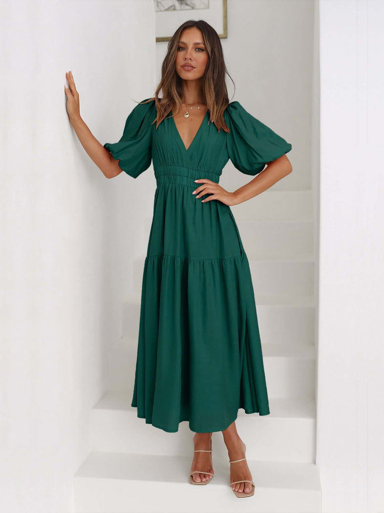 Women's V Neckline Puffed Sleeves Dress