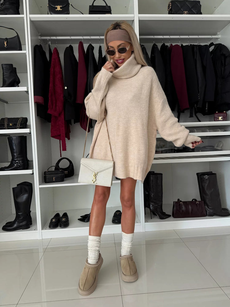 Women's High Necked Long Knitted Sweater