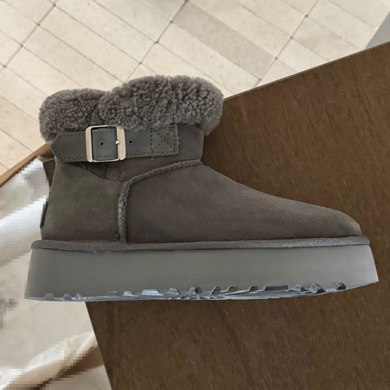 Gray UGG Furry Belted Women's Snow Boot with Thick Platform Sole at Volonka