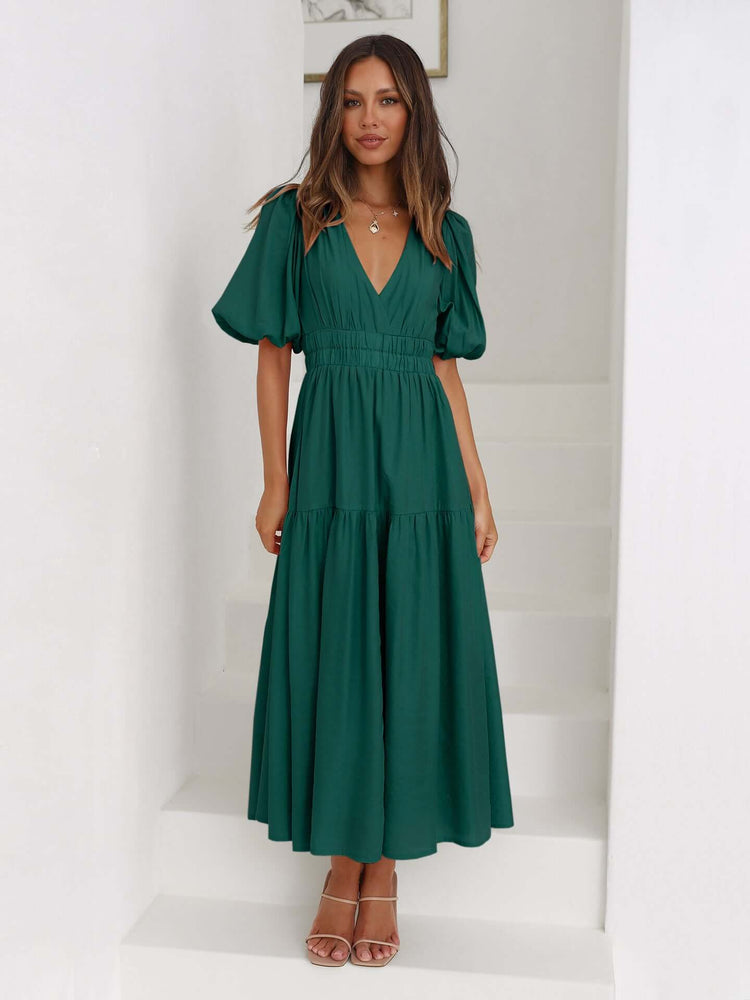 Women's V Neckline Puffed Sleeves Dress