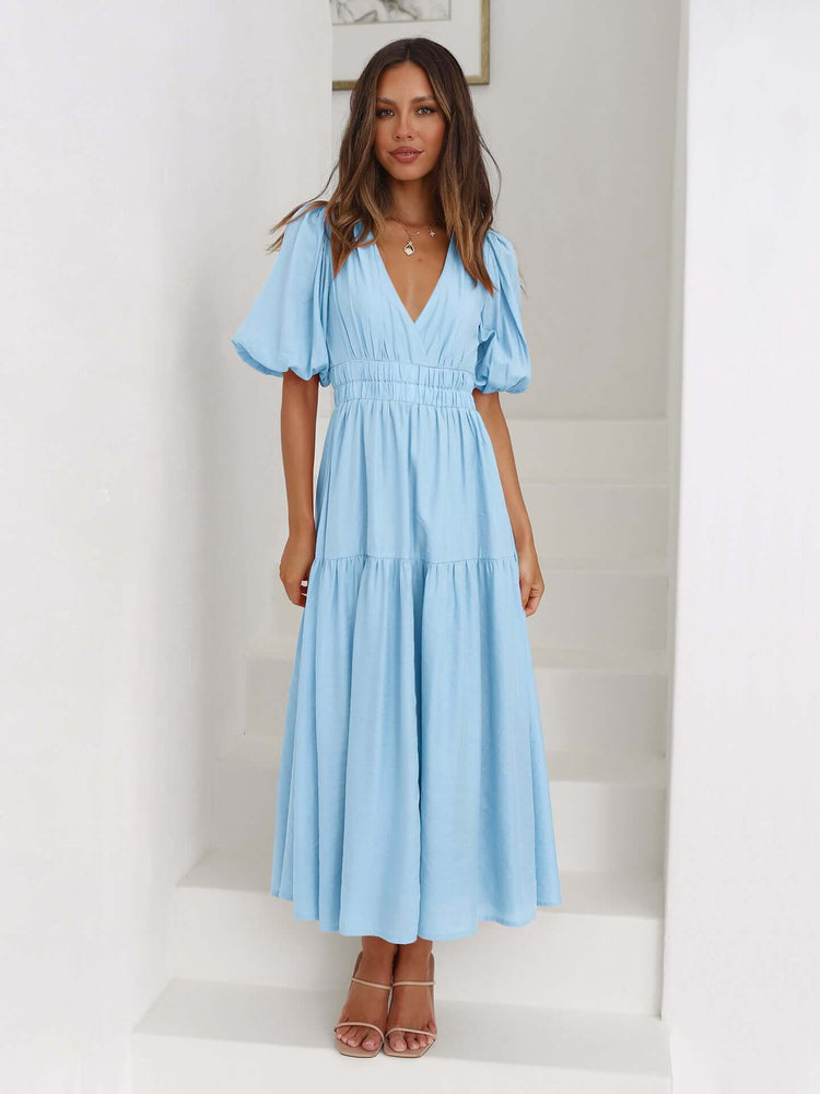 Women's V Neckline Puffed Sleeves Dress