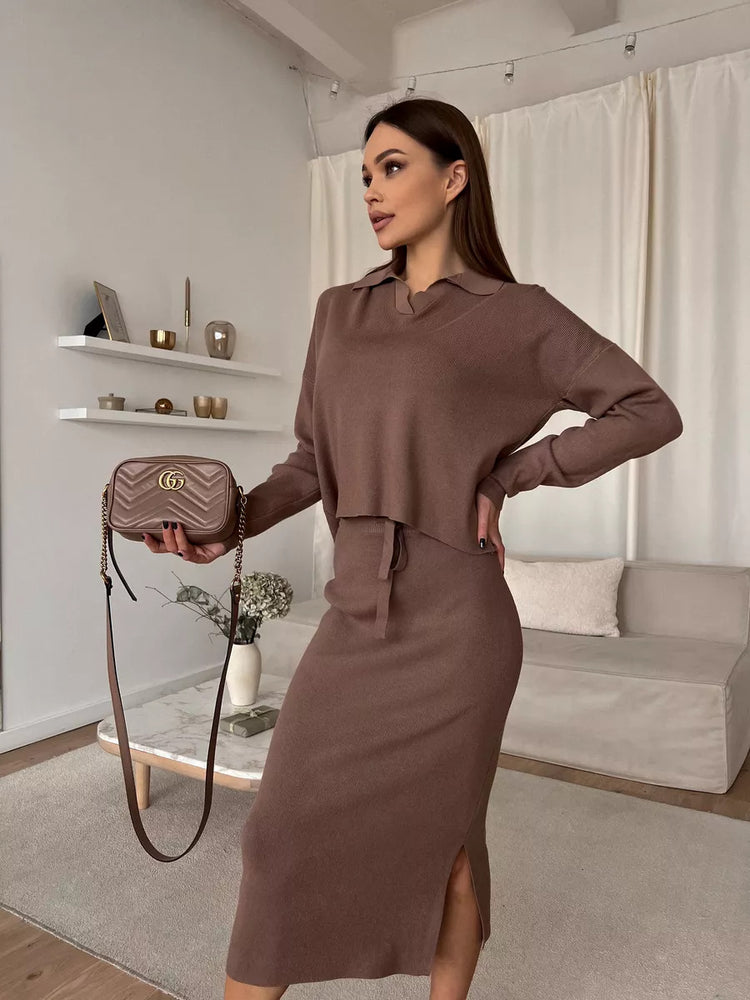 Chic Elegant Soft Knit Sweater with Skirt Set
