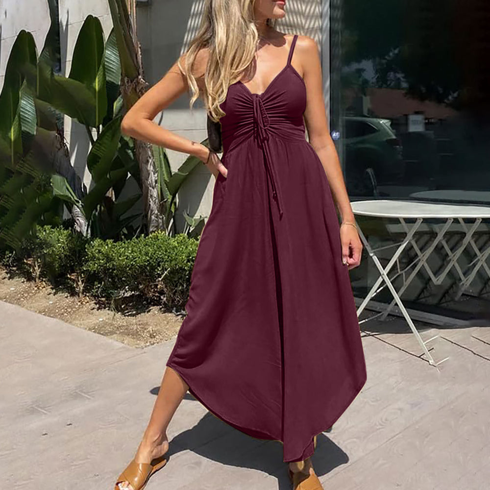 Woman wearing a burgundy dress. Women's Summer Breathable Casual Jumpsuit
