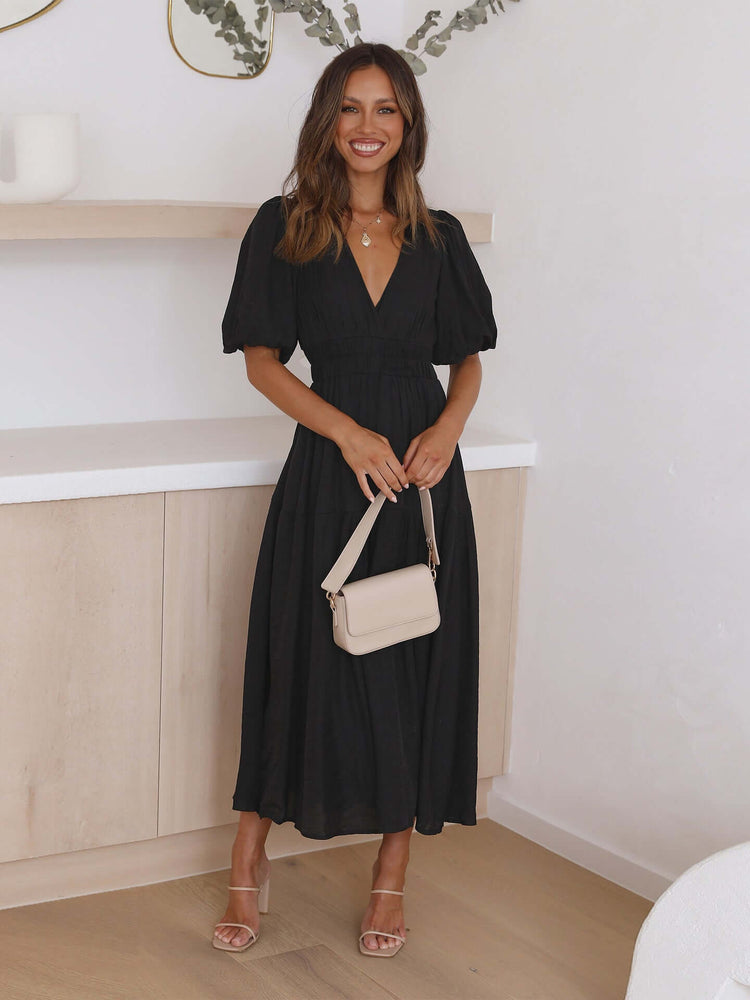 Women's V Neckline Puffed Sleeves Dress
