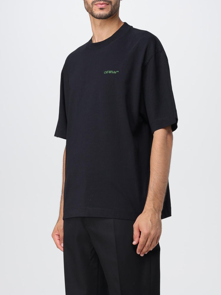 Off White Moon Cam Arrow Tshirt featuring a bold green graphic on a black backg