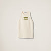 miumiu Beige tank top with green text on a light beige background. MIUMIU premium stylish ribbed jersey top