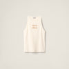 Beige tank top with 'miumiu' logo in volonka store. MIUMIU premium stylish ribbed jersey top