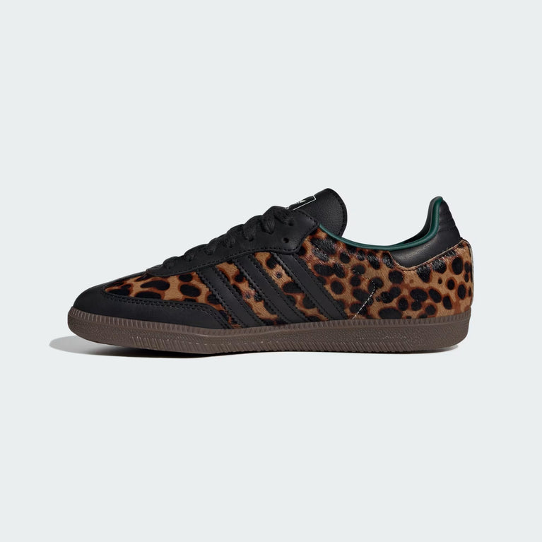 Adidas Samba OG Leopard Black Green side view showcasing bold leopard print design