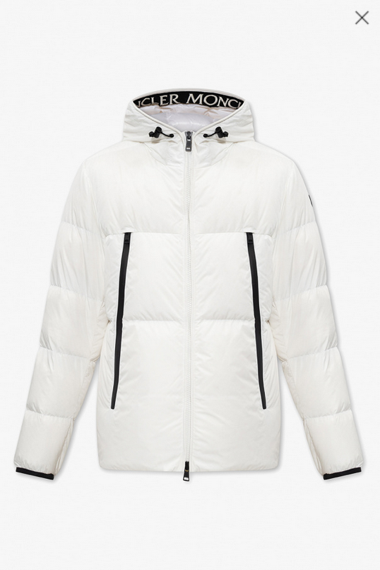 Moncler Montcla Short Down Jacket. White puffer jacket with black accents on a white background