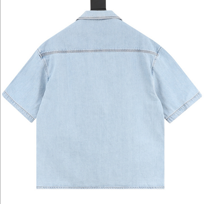 LOEWE Embroidered Denim Short-Sleeve Shirt in light blue with embroidered detail on chest pocket.