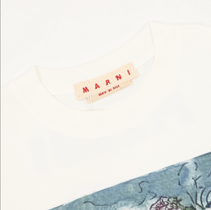 Marni Hand Drawn Graffiti Ocean Whale Tshirt displayed on a hanger with a unique whale design.