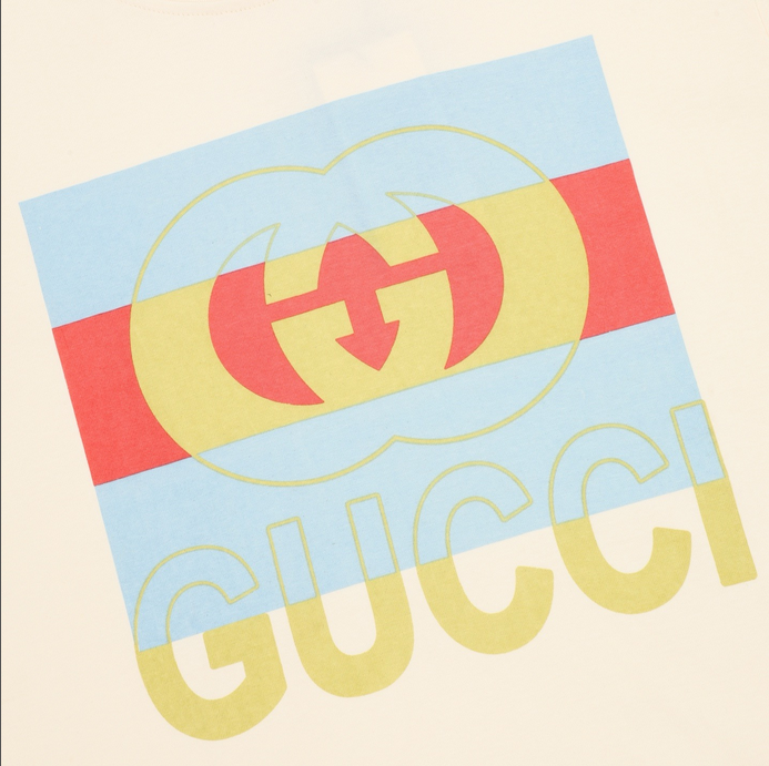 Gucci Square Double G Print Tshirt displayed on a hanger, featuring a colorful graphic design.