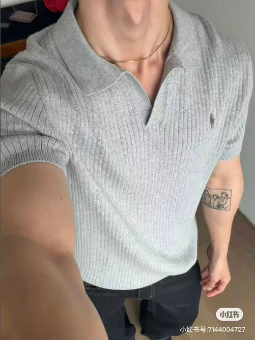 Ralph Lauren Men Knit Polo Shirt in light gray, featuring ribbed texture and classic polo collar.
