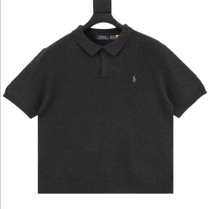Ralph Lauren Men Knit Polo Shirt in dark gray with ribbed texture and classic collar design