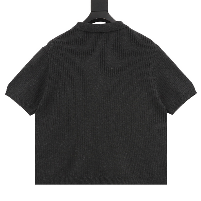 Ralph Lauren Men Knit Polo Shirt in dark gray with ribbed texture and classic collar design
