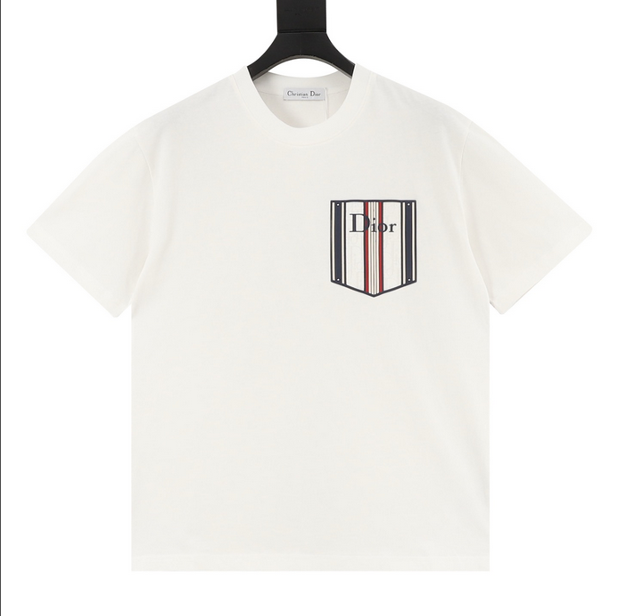 Dior Essential unisex Pocket Tshirt displayed on a hanger, showcasing its stylish white design.