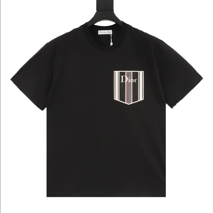 Dior Essential unisex Pocket Tshirt displayed on a hanger, showcasing its stylish black design.
