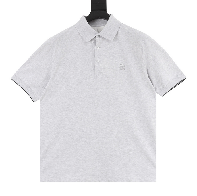Brunello Cucinelli Men Polo Shirt displayed on a hanger in gray color.