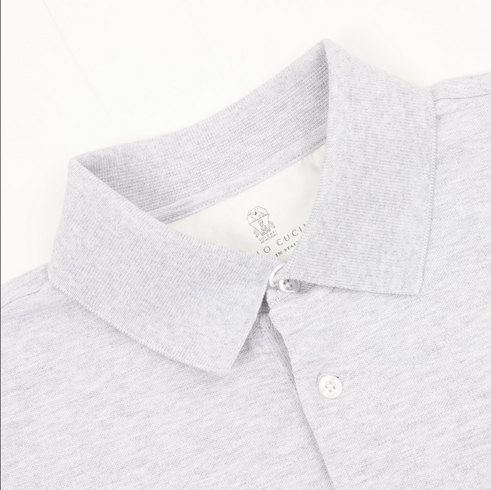 Brunello Cucinelli Men Polo Shirt displayed on a hanger in gray color.