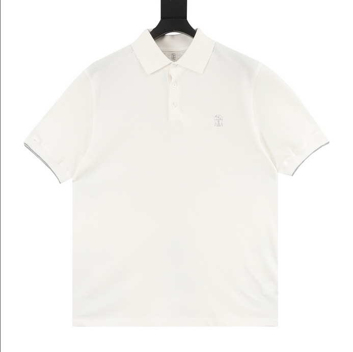 Brunello Cucinelli Men Polo Shirt displayed on a hanger in white color.