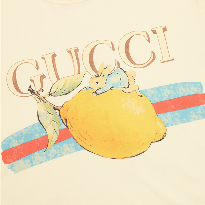 Gucci Gucci Peter Rabbit Cartoon Tshirt featuring playful lemon artwork and oversized fit in premium cotton.
