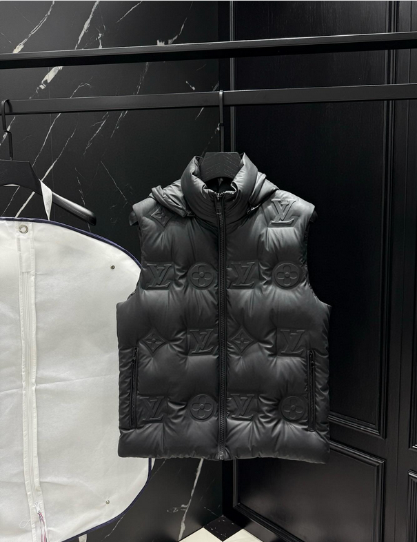 Black puffer vest with brand logo. Men's Hooded Duck Down Vest Versatile Autumn Winter Jacket