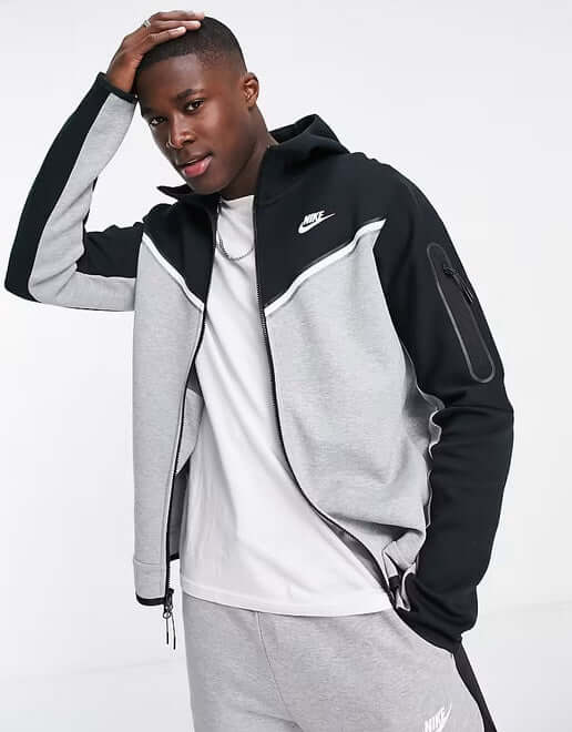 Nike Sportswear Tech Fleece Hoodie & Joggers Set Grey/Black displayed on a white background.