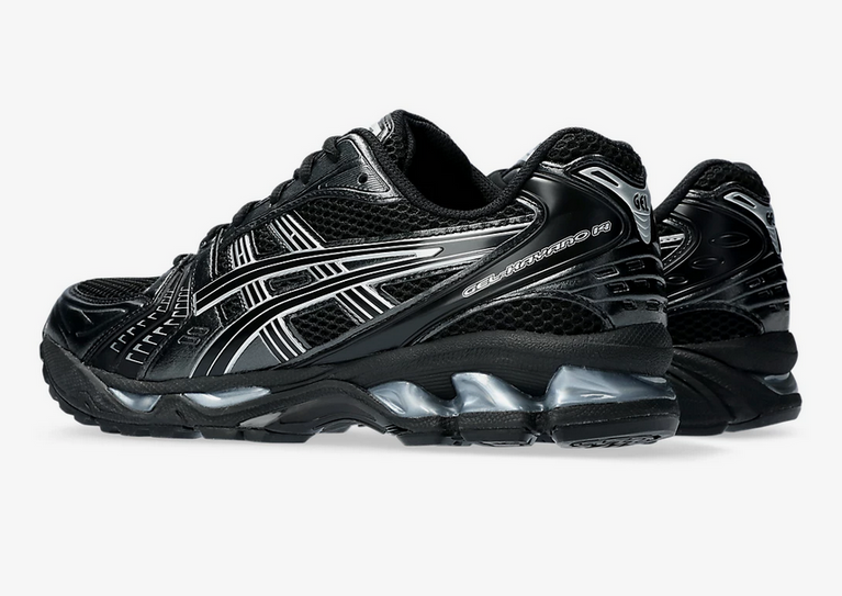 Asics Gel Kayano 14 Unisex Black Pure Silver Sneaker side view showcasing bold design and support.