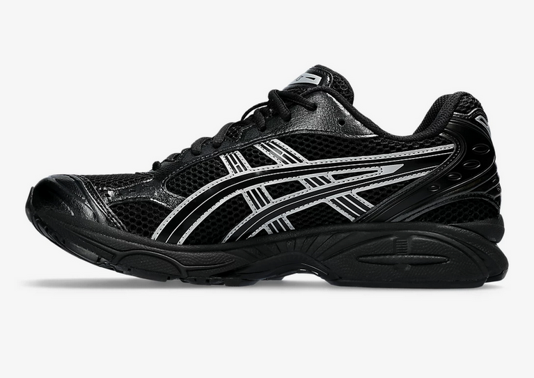 Asics Gel Kayano 14 Unisex Black Pure Silver Sneaker side view showcasing bold design and support.