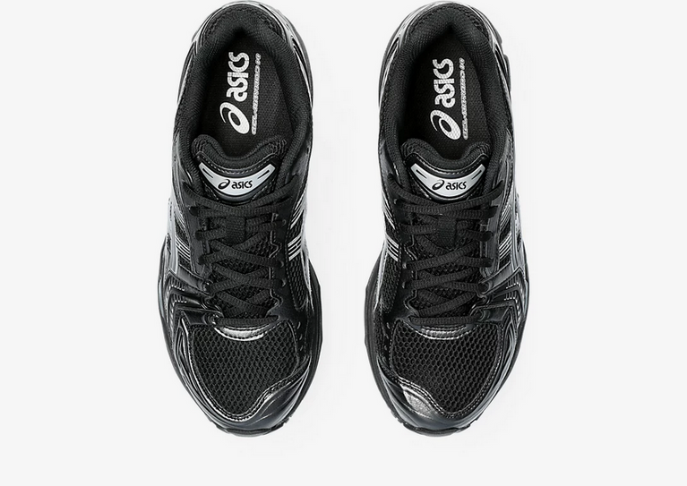 Asics Gel Kayano 14 Unisex Black Pure Silver Sneaker side view showcasing bold design and support.