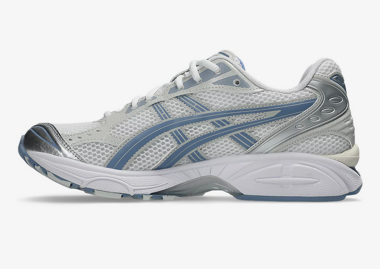 Asics Gel Kayano 14 Unisex White Light Navy Sneaker side view, showcasing retro-inspired design and performance features.