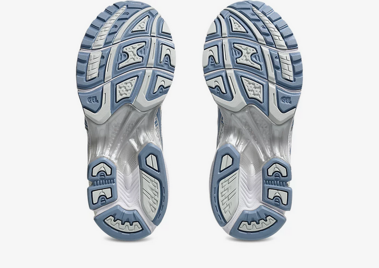 Asics Gel Kayano 14 Unisex White Light Navy Sneaker side view, showcasing retro-inspired design and performance features.