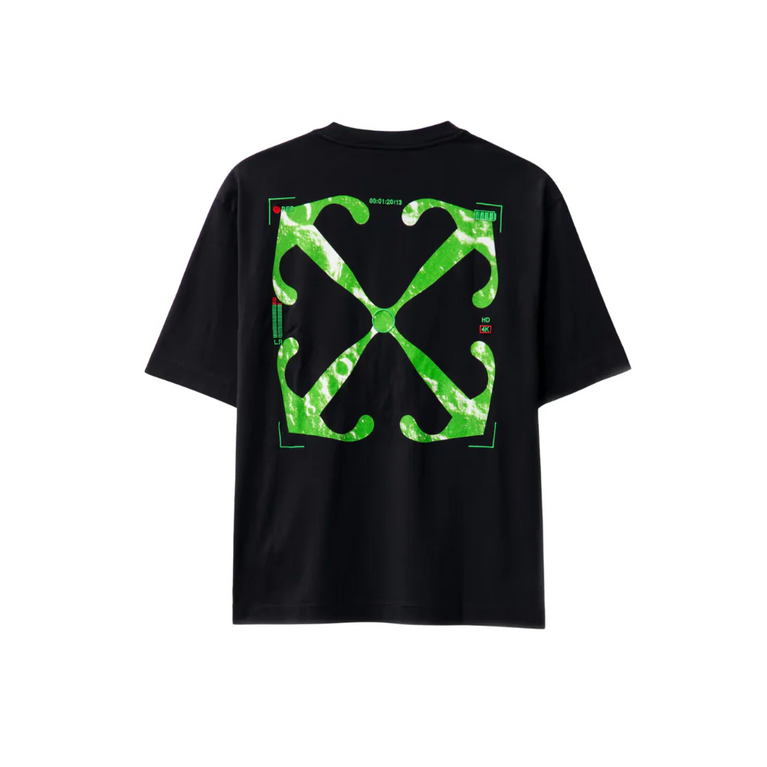 Off White Moon Cam Arrow Tshirt featuring a bold green graphic on a black background.