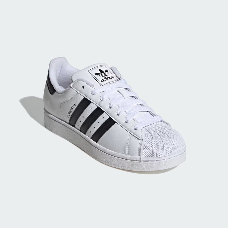 Adidas Superstar II Sneaker white side view with black stripes and rubber shell toe at Volonka.