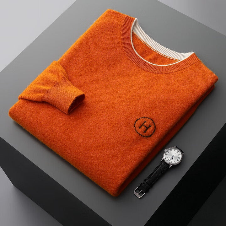 Hermes Men's Cashmere Knitwear Luxury Warm Sweater displayed with a watch on a modern gray surface.