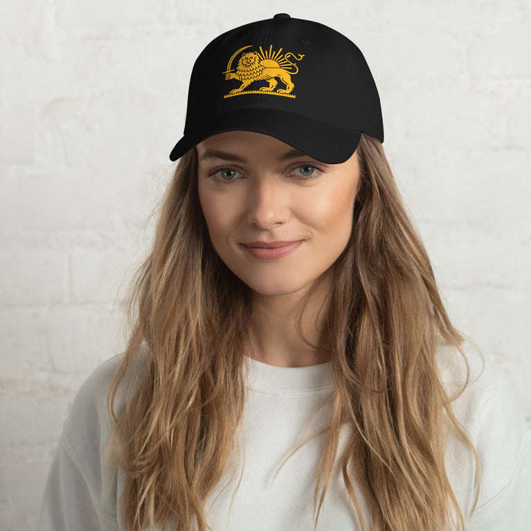 Shiro Khorshid-Lion Sun Persian Hat featuring a lion emblem on a Black cap.