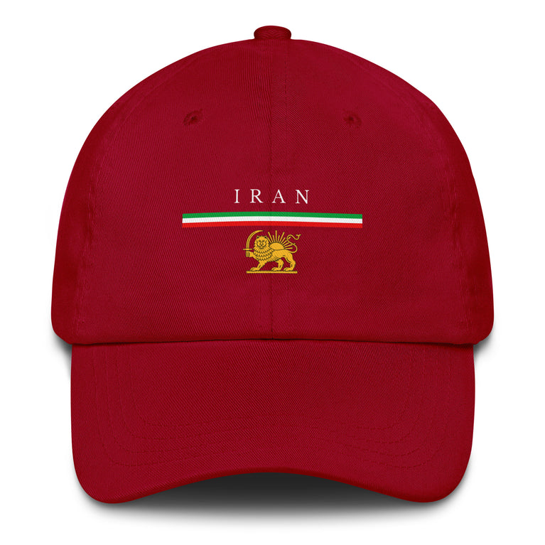 Iran Shiro Khorshid Unisex Hat in red with emblem and text, symbolizing cultural pride and style.