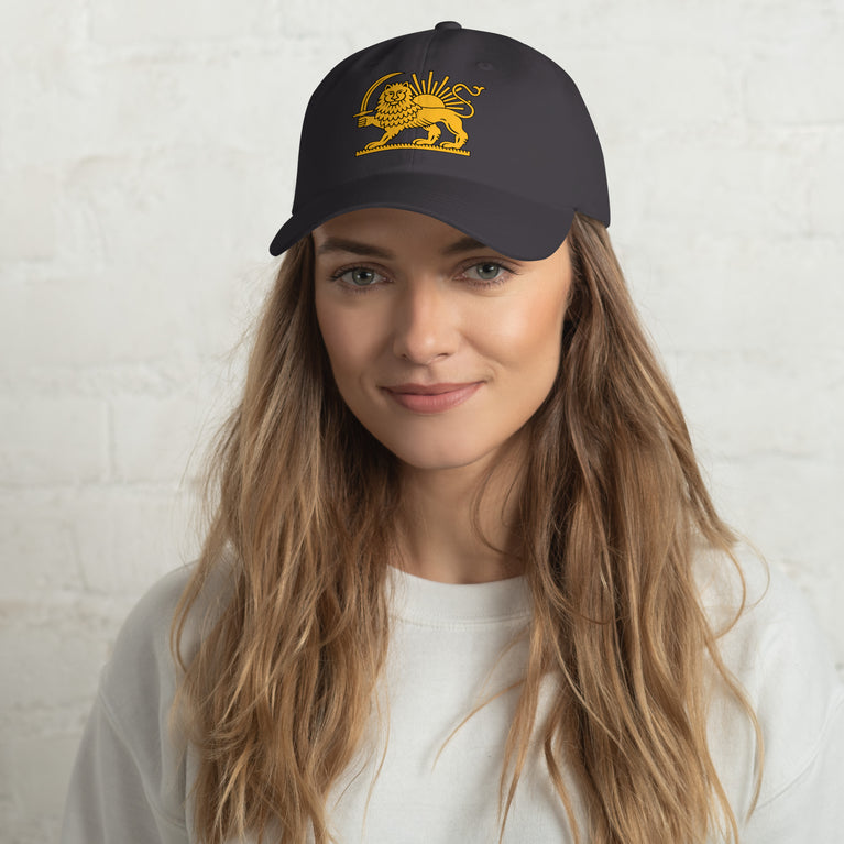 Shiro Khorshid-Lion Sun Persian Hat featuring a lion emblem on a Gray cap.