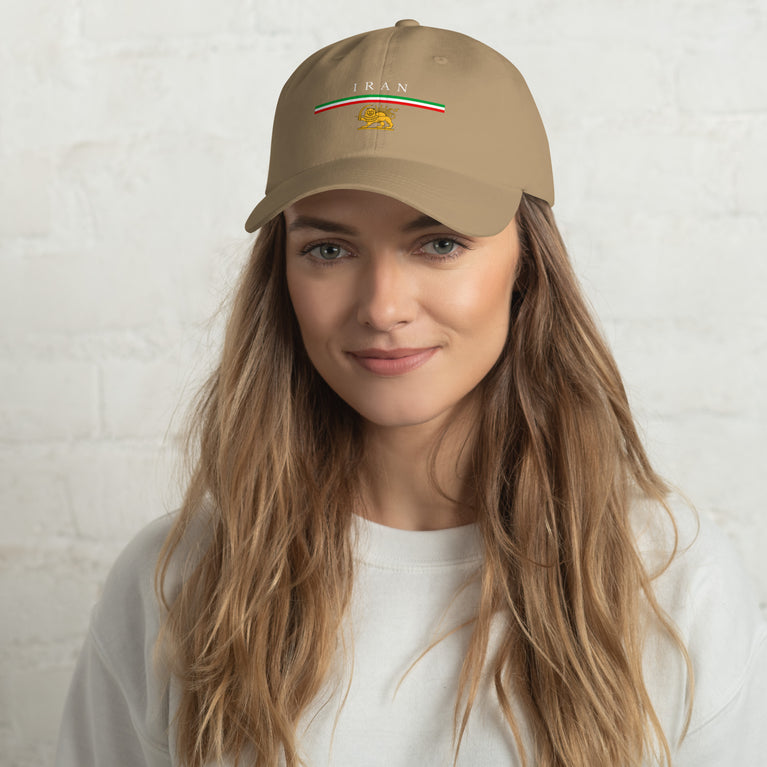 Iran Shiro Khorshid Unisex Hat in Beige with emblem and text, symbolizing cultural pride and style.