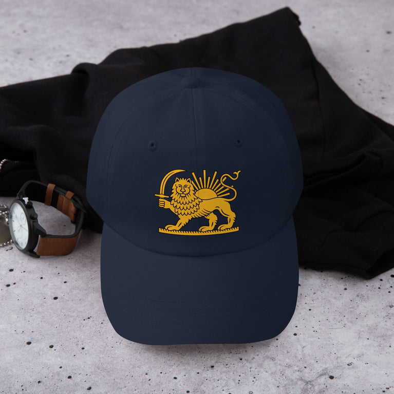 Shiro Khorshid-Lion Sun Persian Hat featuring a lion emblem on a Navy cap.