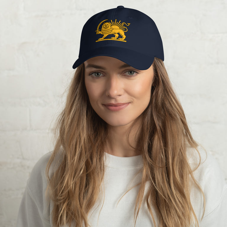 Shiro Khorshid-Lion Sun Persian Hat featuring a lion emblem on a Navy cap.
