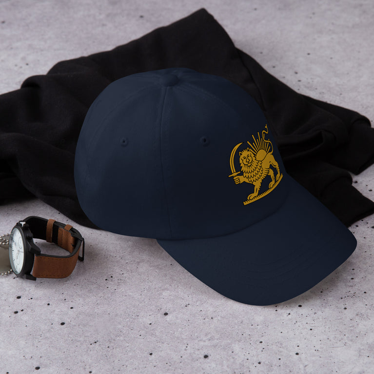 Shiro Khorshid-Lion Sun Persian Hat featuring a lion emblem on a Navy cap.