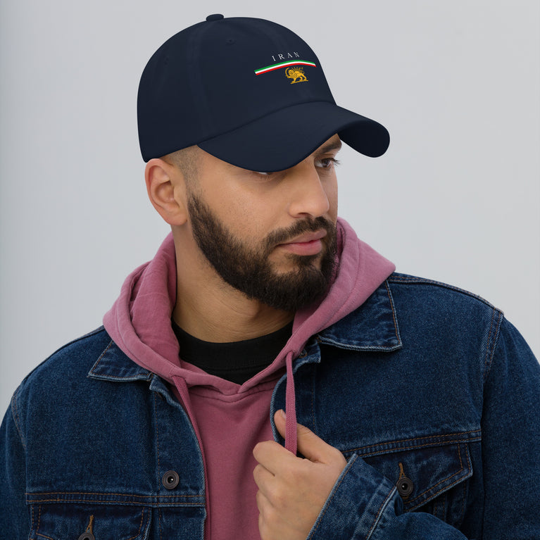 Iran Shiro Khorshid Unisex Hat in Navy with emblem and text, symbolizing cultural pride and style.